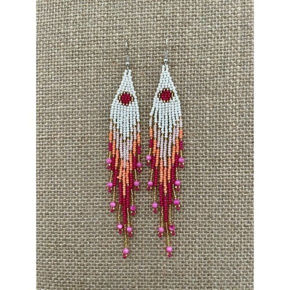 Handmade Miyuki Seed Bead Fringe Dangling Earrings Cactus Flower NWT - Picture 7 of 9